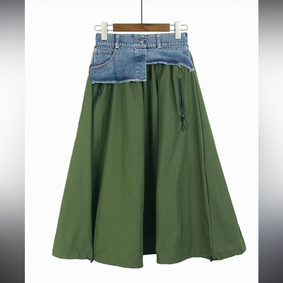 Kelly Obi Olive Denim-Patchwork Skirt - Picture 1 of 5